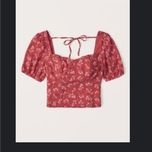 Abercrombie Red Floral Puff Sleeve Squareneck Top